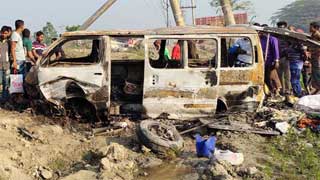 4 dead as microbus catches fire after accident in Mymensingh